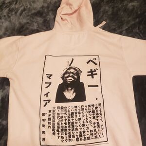 Graphic Pink Hoodie with Japanese Text and Portrait
